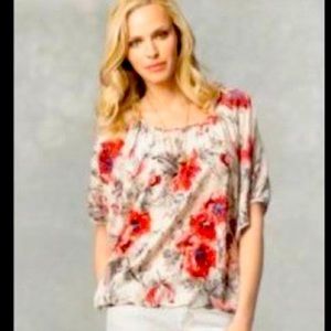 CAbi 100% Silk Ivory Drop Sleeve Floral Blouse - Size Small